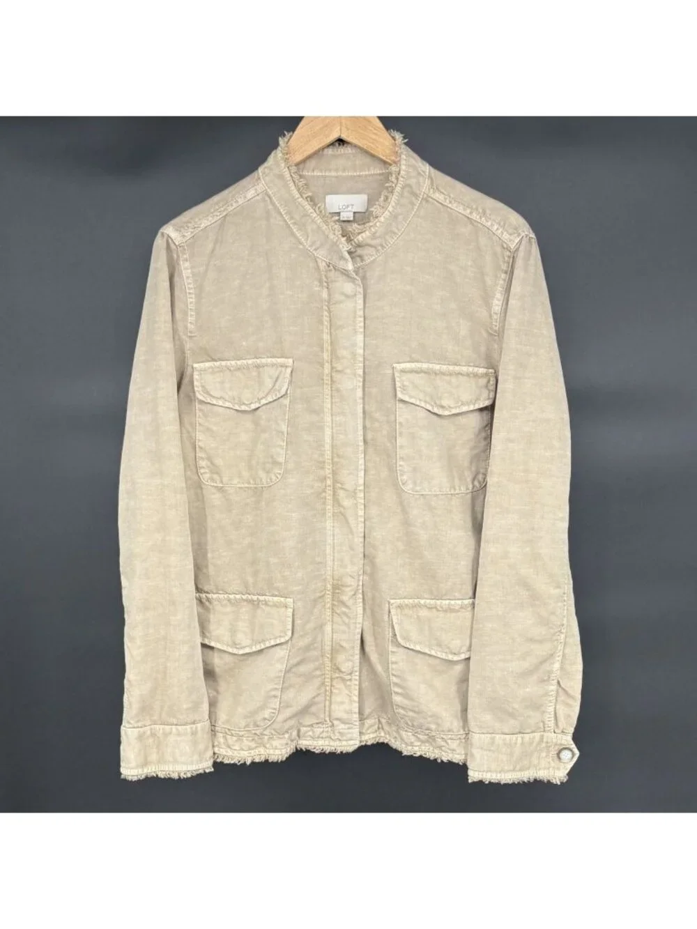 LOFT Women's Linen Blend Utility Jacket XL Beige Frayed Trim Military Safari
